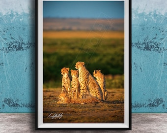 Cheetah Family Print: Maasai Mara Safari Art (Black & White Decor)