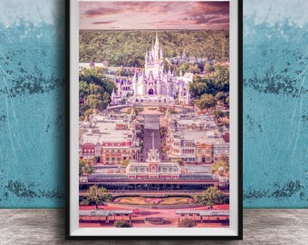 Disney Castle Print, Pastel Pink Sunset, Main Street Glow (Wall Art)