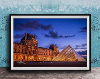 Louvre Pyramid Art: Paris Sunset Scene (Glass Architecture Print)