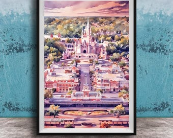 Disney Castle Wall Art: Pink Watercolor Sunset, Orlando Magic