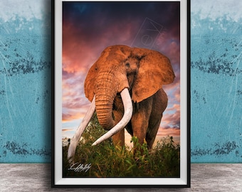 Elephant Wall Art: Big Tusker at Sunset - Maasai Culture Inspired
