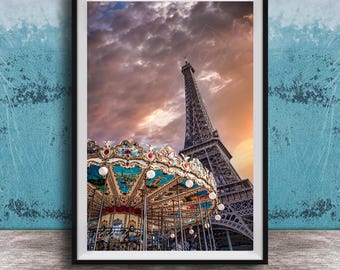 Eiffel Tower Wall Art - Paris Carousel with Sunset Glow