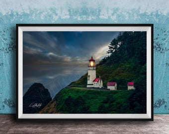 Heceta Head Lighthouse Print: Oregon Coast Seascape - Nautical Decor