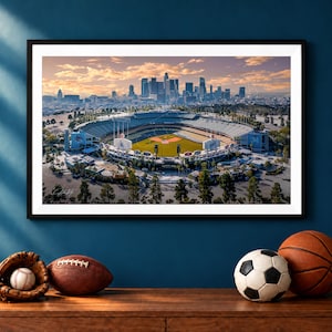 Dodger Stadium Aerial Photo, Los Angeles Skyline Sunset, Dodger Baseball Wall Art Print