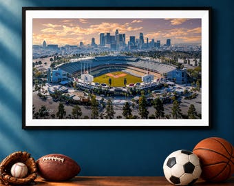 Dodger Stadium Aerial Photo, Los Angeles Skyline Sunset, Dodgers Baseball Wall Art Print