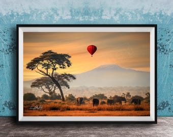 Safari Wall Art: Red Hot Air Balloon and Elephants in Kenya