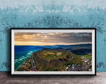 Diamond Head, Sunset Fine Art Print | Copper Cream Sky - Waikiki Horizon Vista