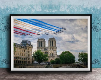 Notre Dame Bastille Day Print - Fighter Jets with French Colors