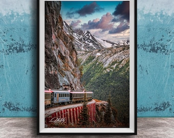 Alaska Train Print: Skagway Mountains and Yukon Route (Rustic Decor)
