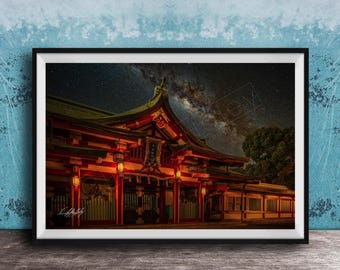 Hie-Jinja Shrine Print: Night Stars and Lantern Light - Tokyo Scene