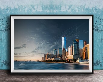 Sunset NYC Skyline Print: Waterfront Cityscape, Golden Hour Glow