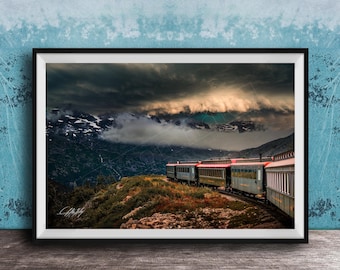 Alaska Railroad Train Print, Vintage Gold Rush Scenery (Skagway Mountains)
