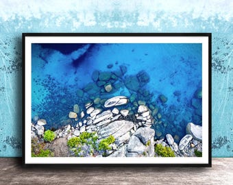 Lake Tahoe Wall Art: Blue Water Mountains and Pine Trees - Custom Sizes