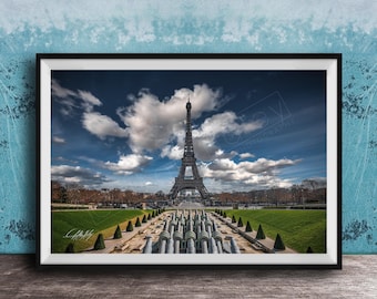 Eiffel Tower Print: Paris Cityscape with Cloudy Sky