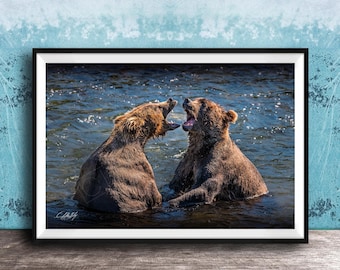 Grizzly Bear Art | Katmai Alaska Scene | Brooks Falls Photo, Rustic Cabin Lodge Wall Decor