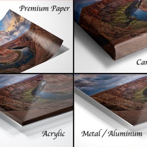 The image is a collage of four different images, each depicting a landscape with a river or stream. The images are labeled as "Premium Paper", "Canvas Wrap", "Acrylic", and "Metal/Aluminum".
