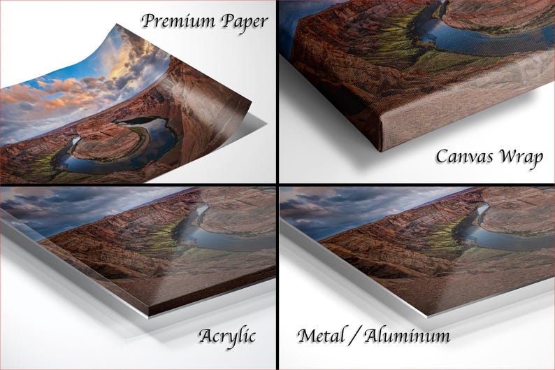 The image is a collage of four different images, each depicting a landscape with a river or stream. The images are labeled as "Premium Paper", "Canvas Wrap", "Acrylic", and "Metal/Aluminum".