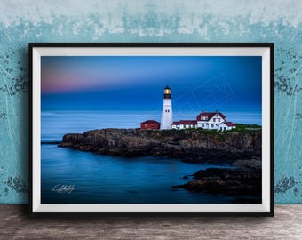 Maine Lighthouse Wall Art, Portland Head Light, Blue Hour Glow (Print)
