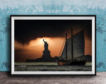 Statue of Liberty Print: NYC Sunset Scene (Sailboat Silhouette)