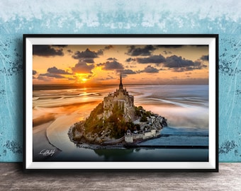 Mont Saint Michel Long Exposure Photo, Normandy Coastal Art, Moody Horizon Print
