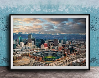 Colorado Rockies Baseball Stadium with the Denver Skyline and Rocky Mountains