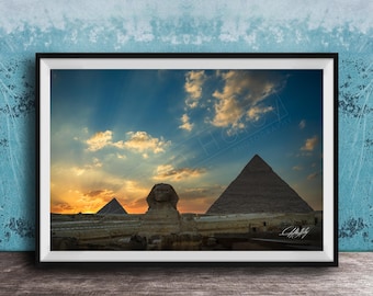 Giza Pyramids Sunset Print, Sphinx Fine Art Photography
