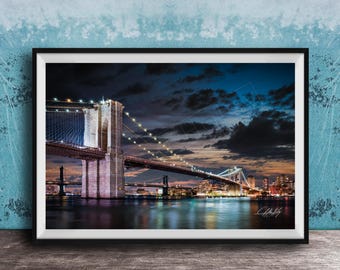 NYC Skyline Wall Art: Brooklyn Bridge at Twilight - Framed or Unframed
