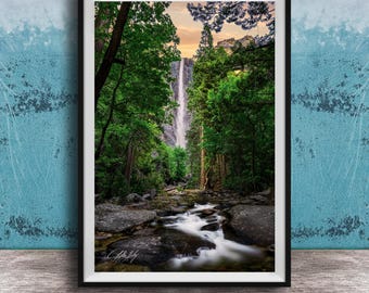 Bridalveil Fall Yosemite Photo, Forest Waterfall California Print, Nature Wall Art