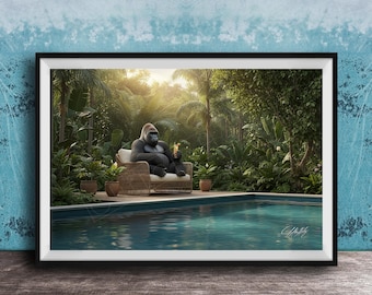 Gorilla at Swimming Pool AI Wall Art - Bwindi Forest Silverback Print