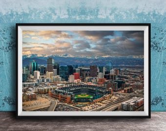 Colorado Rockies Baseball Stadium with the Denver Skyline and Rocky Mountains