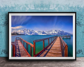 Lake Tahoe Pier Wall Art, Blue and Green Mountains (Minimalist Panorama)