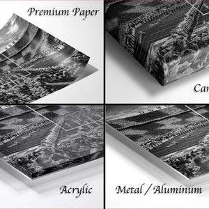 four different views of a stadium, including a close-up of the field, a large crowd, and a view of the stadium from the stands. The images are labeled as "Premium Paper", "Canvas Wrap", "Acrylic", and "Metal/Aluminum".