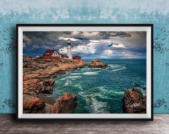Lighthouse Print: Portland Head Light at Twilight (Blue Hour Photo)