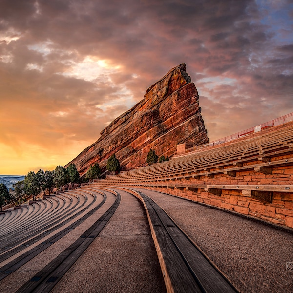 Colorados ikonisches Red Rocks Amphitheater: Sonnenaufgang/Sonnenuntergang Landschaftsdruck/Leinwand/Acryl/Metall