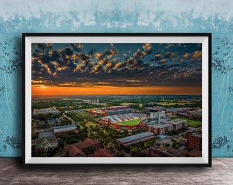 OU Memorial Stadium Art: Sunrise Aerial View - Campus Landmark