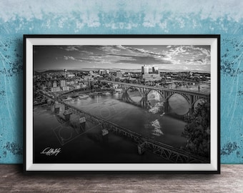 Knoxville Scenic Print, Autumn River Bridges (Black and White)