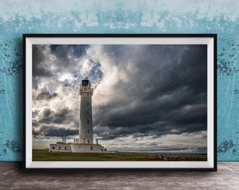 Scotland Lighthouse Print: Moody Coastal Landscape, Stormy Sky