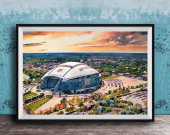 Dallas Cowboys Stadium Print: AT&T Sunset Watercolor Art