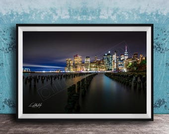 NYC Skyline Print: Brooklyn Bridge at Blue Hour - Cityscape Art