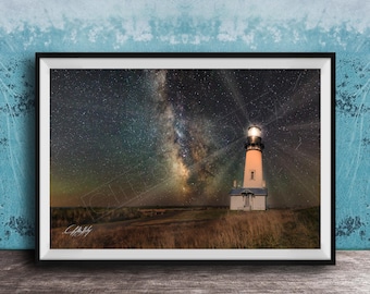 Yaquina Head Lighthouse Wall Art - Night Sky and Ocean View