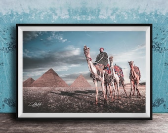 Giza Pyramids Sunset Print, Camel Caravan (Blue Tone)