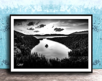 Emerald Bay Lake Print, Serene Vista - Tranquil Scene, Nature Decor | Black White | Fine Art