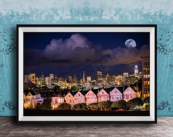 Painted Ladies Wall Art: San Francisco Sunset with City Skyline