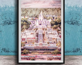 Princess Castle Wall Art: Disney Magical Kingdom (Pink Watercolor)