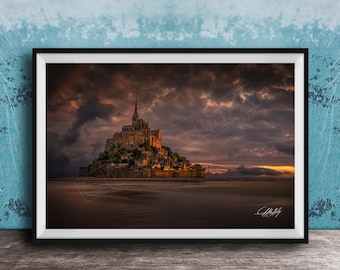 Mont Saint-Michel Poster, Sunrise Reflection (Normandy Coastal Wall Art)