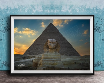 Giza Pyramids Sunset Print, Sphinx Fine Art Photography