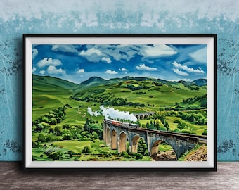 Hogwarts Express, Glenfinnan Viaduct Harry Potter Scene (Watercolor Edition)