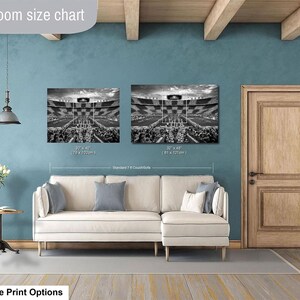 a living room with a white sofa, a wooden door, and a framed photograph of a stadium or arena. The living room appears to be designed for relaxation and comfort, with a focus on the seating area and the artwork on the wall.