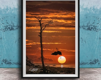 Heron Sunset Art Print, Coastal Bird Photography, Beach Wall Decor