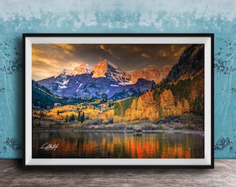 Maroon Bells Wall Art - Autumn Sunrise with Moose and Aspen Trees